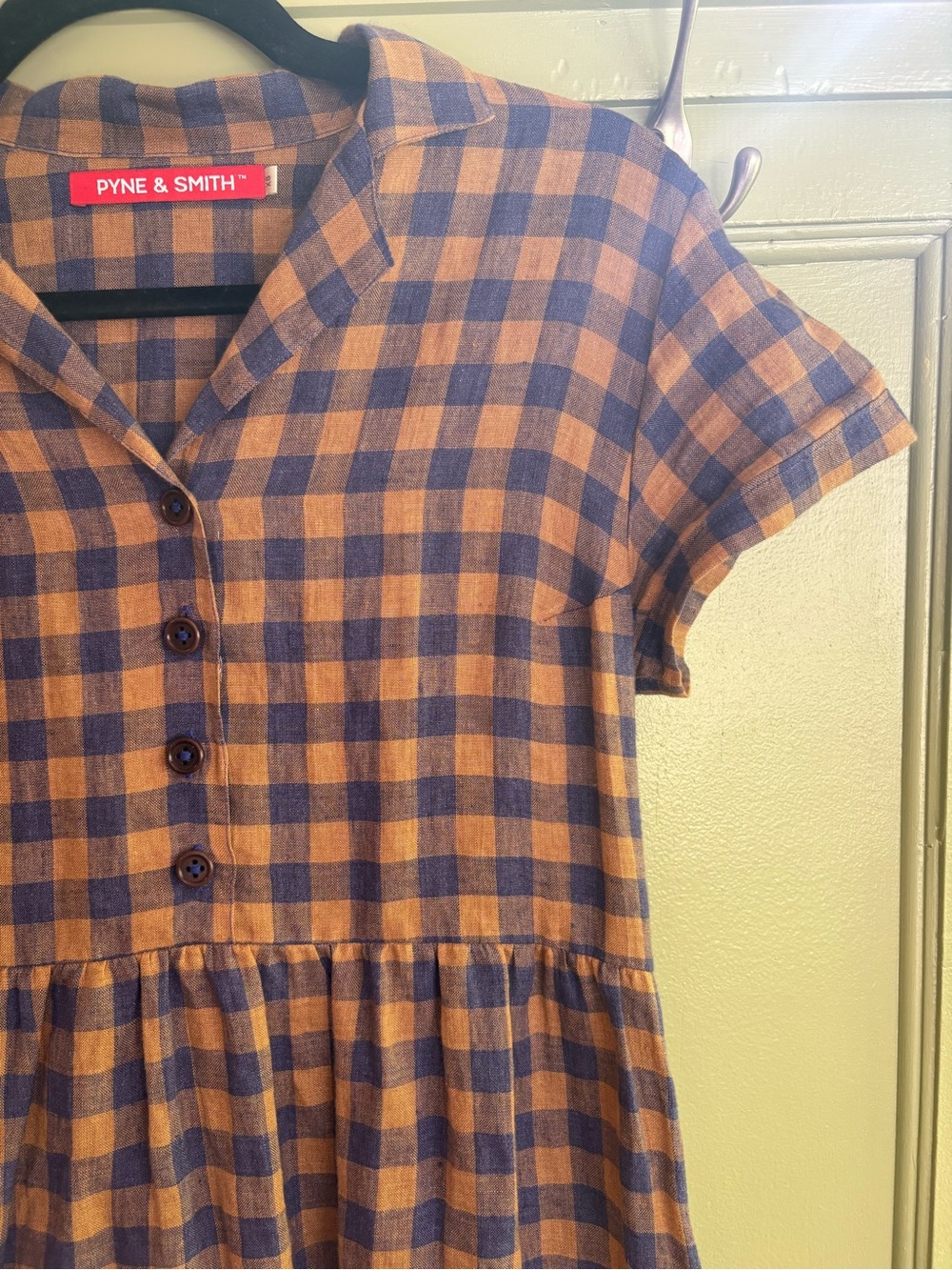 Pyne & Smith 100% European Linen Gingham Midi Dress Blue Rust Made in California